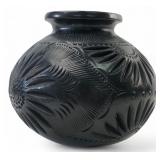 Mexican Barro Negro Pottery Carved Vase