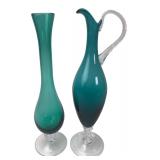 VTG MCM Empoli Teal Art Glass Vase & Ewer