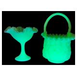VTG Satin Custard Glass Basket & Compote