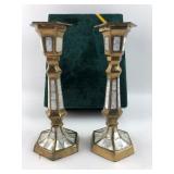 Pair Brass & Mother of Pearl Candlesticks 8"H