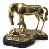 Brass Mare and Foal Statue on Wood Base
