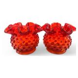 VTG Fenton Amberina Hobnail Ruffled Vase Pair
