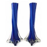 MCM Cased Cobalt Glass Twisted Vases (2)