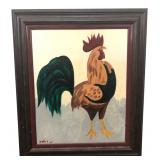 Signed Yates Folk Art Rooster Painting, 1965