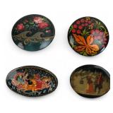 4 Russian Lacquer Miniature Painted Brooches