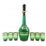 VTG Bohemian Emerald Green Glass Decanter Set