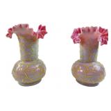 Pair Antique Victorian Coralene Art Glass Vases