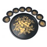 Black & Gold Cherry Motif Tray & Coasters