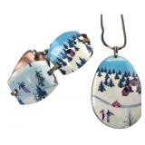 Enamel Metal Winter Scene Jewelry Set