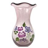 Amethyst Art Glass Hand-Painted Floral Vase 8"