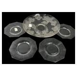 Frosted Floral Glass Platter & 4 Plates