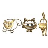 JJ & Unmarked Gold-Tone Cat Brooches Lot of 3