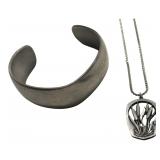 Pewter Cuff Bracelet & Cattail Necklace