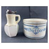 Stoneware Butter Crock & Milk Glass Pitcher