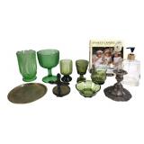 Mixed Lot Green Glassware Brass Tray & Puzzle