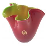 Cavalier Glass Red & Green Ruffled Art Glass Vase