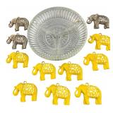 13 Metal Elephant Pendants & Pressed Glass Dish