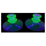Pair of Green Uranium Glass Candlesticks