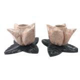 Pair Carved Marble Floral Candle Holders