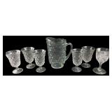 Cube Pattern Pressed Glass Pitcher & 6 Glasses