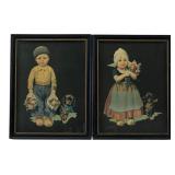 Pair Framed Dutch Children & Dog Prints