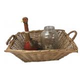 Pin Money Jar, Leather Decanter & Wicker Basket
