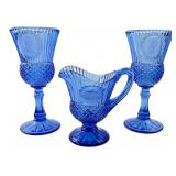 Blue Pressed Glass Cameo Goblets & Creamer