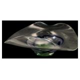 Free-Form Art Glass Bowl Blue Swirl Green Base