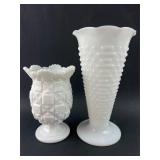 Two White Milk Glass Ruffled Vases
