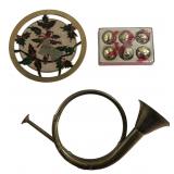 Brass Holiday Decor Lot Horn Trivet & Bells