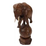 Carved Wood Elephant on Ball Figure 9.5H