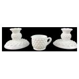 Hobnail Milk Glass Candlesticks & Creamer