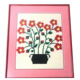 Framed Red Floral Cross-Stitch 15x17