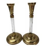 Pair Brass & Etched Glass Candlesticks 9"H