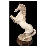 Signed Rearing Horse Sculpture on Wood Base