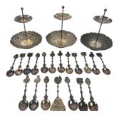 3 Tiered Stands & 21 Souvenir Spoons Lot