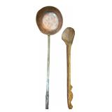 Primitive Copper Hearth Ladle & Wooden Spoon