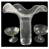 Clear Glass Ruffled Vase & Footed Dishes