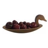 Carved Wooden Duck Bowl with Wooden Apples