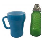 Anchor Hocking Fire-King Mug & Green Glass Shaker