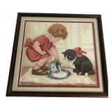 BS 2001 Framed Cross-Stitch Girl Feeding Cat