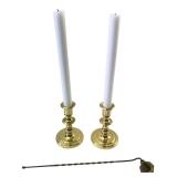 Pair of Brass Candlesticks with Snuffer & Candles