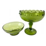 Green Glass Footed Compote and Bowl