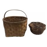 Two Woven Wood Splint and Wicker Baskets