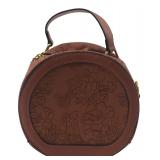 Brown Embossed Floral Faux Leather Round Bag