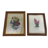 Two Framed Floral Cross-Stitch Artworks