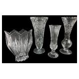 Set of Four Clear Cut and Etched Glass Vases