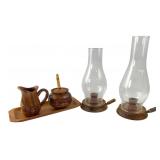 Carved Wood Creamer Set & Hurricane Lamps