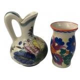 Mexico PS Hand-Painted Pottery Pitcher & Vase