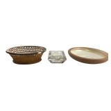 Woven Basket, Glass Ashtray & Ceramic Dish